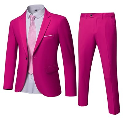 YND - Conjunto de traje de 3 piezas para hombre, ajustado, con un botón, chaqueta, chaleco, pantalones y corbata, fucsia, XXL