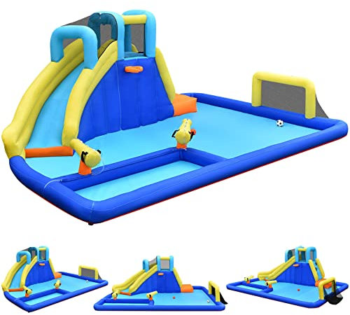 GOPLUS Aufblasbarer Hüpfburg, Wasserpark mit Rutsch&Kletterwand&Wasserkanone&Fußballtor, Planschbecken für Kinder 3-12 Jahre, inkl.Tragetasche, Reparatur-Set, 526x373x203cm (Ohne Gebläse)