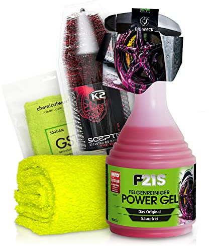 Felgenreiniger Set: Dr. Wack P21S Power Gel Reinigung für alle Felgen + K2 PRO Felgenbürste + ChemicalWorkz Premium Mikrofasertuch 500GSM | 3-teilig