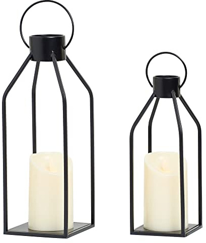 HPC Decor Modern Farmhouse Lanterrn Decor- Black Metal Candle for Summer Night- Lanterns w/Timer Flickering Candles for Living Room,Home,Indoor, Outdoor,Table,Fireplace Mantle Décor
