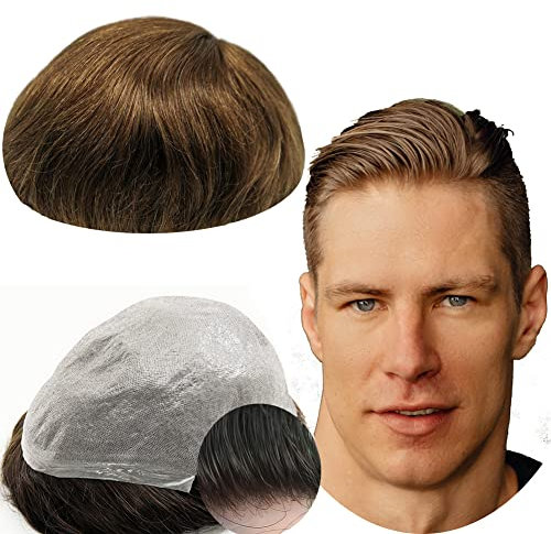 Toupet Cheveux Humains pour Hommes Yanahair 0.04mm Remplaçable Système Peau Mince pour Homme PU Postiche Base Perruques,8x10 pouces de Densité Moyenne Légère Postiche pour Hommes(#4 Marron clair)