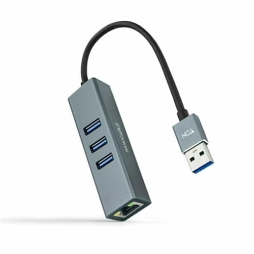 NANOCABLE 10.03.0407 - Conversor USB 3.0 a Ethernet Gigabit + 3XUSB 3.0, Aluminio, Gris, 15 cm