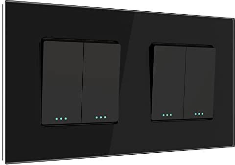 PULSAR Unterputz Lichtschalter 2-Fach Schwarz Glas, Doppelter Serienschalter mit Glasrahmen 10A 250V, Doppel Schalter Wandschalter