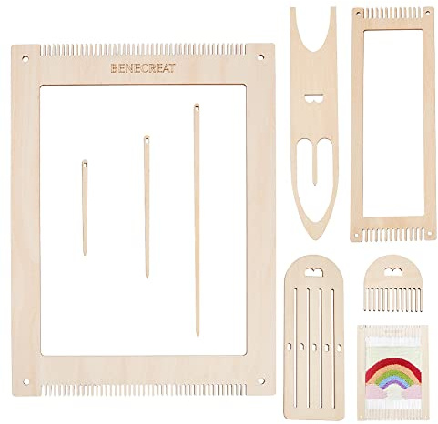 BENECREAT 8-Teiliges Webstuhl-Kit, Hölzerner DIY-Webstuhl Mit Holzwebstab, Webkamm Und Holzweber-Häkelnadel Zum Aufhängen von Dekorationen, Gewebten Wandteppichen, Strickarbeiten
