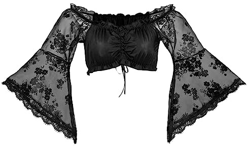 Dirndl - Camicia da donna con maniche a campana, con volant, elegante, a spalla, Dirndl, in pizzo, a maniche lunghe, per matrimonio, sexy, in pizzo, Nero , M