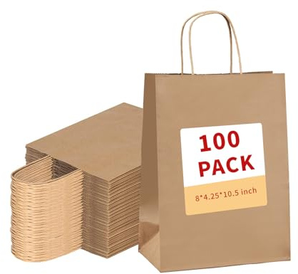 VANHEL Papiertüten mit Griffen, 20,3 x 10,7 x 26,7 cm, 100 Stück, Geschenktüten, mittelgroß, braune Papiertüten mit Griffen, Großpackung, Hochzeitsfeier, Geschenktüten