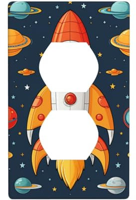 Rocket Clipart Space Ship Duplex Wall Plate 1-Gang Light Switch Cover Electrical Outlet Covers For Bedroom Kitchen Home Decor 4.5 X 2.76