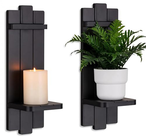 Candle Sconces Black Wall Decor Set of 2 - Wood Wall Candle Holders Set of Two for Small Plants Pillar Candles Tealight - Gothic Distressed Decor for Living Room