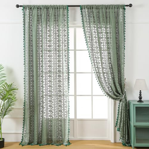 Lsimeru Boho Häkeln Gardinen Vorhang Transparent Dunkelgrün Häkelmuster Landhaus Vorhäng Schiebevorhänge Halbtransparent Luftig Dekoschal für Wohnzimmer,140x200