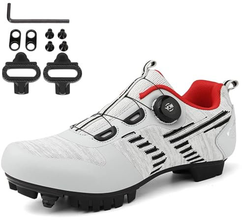 NGARY MTB Schuhe Herren Fahrradschuhe Mountainbike Schuhe Kompatible mit SPD 2 Schrauben mit Cleats, Atmungsaktiv Radschuhe Rennradschuhe,Weiß,47 EU