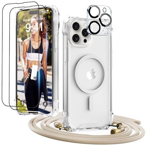 GUtttGU Handykette für iPhone 13 Pro Max Hülle mit Band mit 2 Displaychutzfolie Panzerglas + 2 Kamera Schutzfolie Handyhülle Kompatibel mit Magsafe Schutzhülle Case für iPhone 13 Pro Max Transparent