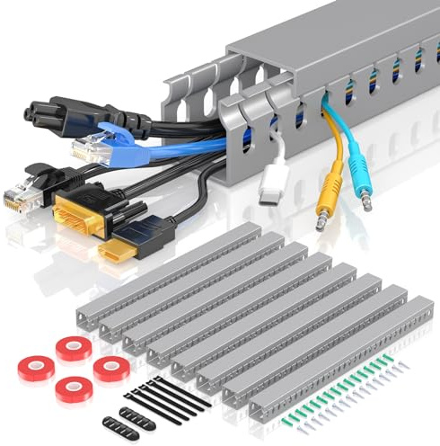 Open Slot Wire Duct Kit, 125.6(8 x 15.7) Server Rack Cable Management, Cable Management Raceway for Hide Network HDMI VGA Cable, Wiring Raceway Cable Duct, Desk Wire Channel, 8 Pack, Grey