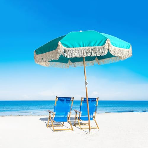 Parasol de plage Parasol de patio bleu de 6 pieds avec parasol de plage à franges Parapluie de protection UV Parapluie extérieur à franges inclinable pour patio imperméable coupe-vent pour pelouse et