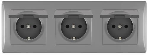 BSEED Schuko Steckdose 3 Fach mit Wasserdichter Abdeckung,3er Steckdose Unterputz mit Steckklemme PC Rahmen Dreifachsteckdose Grau - 222 mm