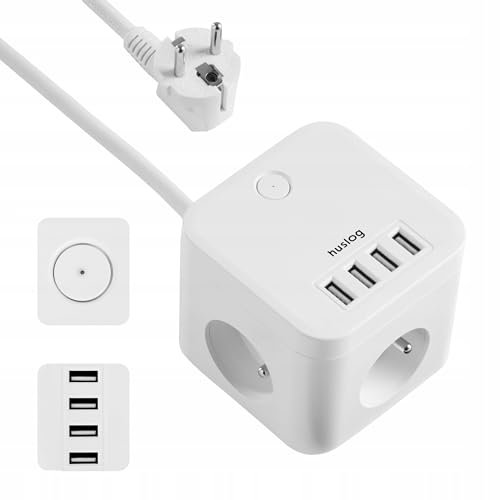 Huslog Ciabatta Multipresa Cubo 7 in 1 con 3 Prese AC, 2 USB-C e 2 USB-A, Interruttore con LED, Cavo da 1,5 m, 230V/10A, Compatta e Antiscivolo, con Messa a Terra, per Casa, Ufficio e Viaggio, Bianco
