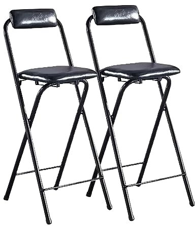 Set mit 2 klappbaren Barstühlen mit gepolstertem, gepolstertem Sitz für Camping, Küche, Spielzimmer, stabiler Stahlrahmen, rutschfeste Füße, 150 kg Kapazität, schwarze Sitzhöhe: 75 cm