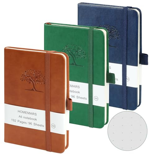 HOMEMARS libretas A6, Marrón Verde Azul, Notebook,Cuaderno Punteado Bullet Journal, cuaderno pequeño, bloc de notas de 14,4 cm x 9,6 cm, cuaderno de bolsillo, cuaderno de cuero,80GSM