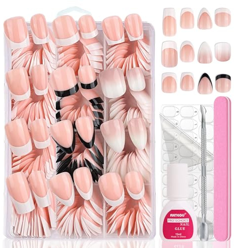 Falsche Nägel Tips Set Schwarz Weiß Französisch Falsche Nägel Zum Aufkleben - Kurz Almond Ballerina Rosa Gradient Fake Nails mit Kleber für Frauen und Nageldesign