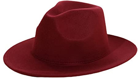 OLSKFUH Herbst Winter Einfacher Wollfilz Fedora-Hut Mit Großer Krempe Für Männer Und Frauen Wollkettenhut Klassischer Jazzhut,Wine Red 2-60-62cm