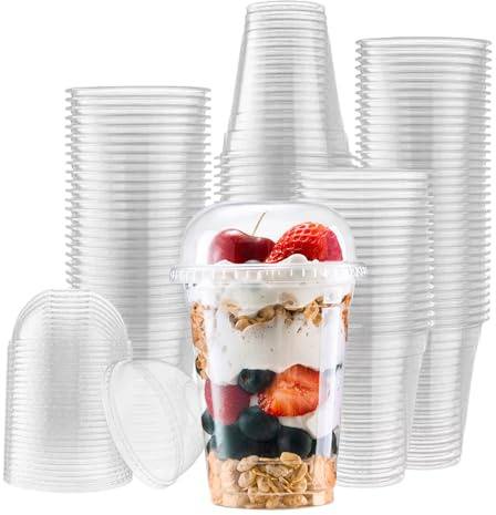 CaterCo Smoothie Cups with Dome Lids (100 Pack - 12oz / 340ml) - Plastic Smoothie Cups, Reusable/Disposable, Recyclable Clear Cups for Takeaway, Milkshake, Slushie, Iced Drinks - (12oz - 100 Pack)