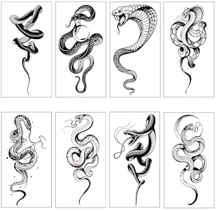 8 Blätter Schwarz Schlange Temporäre Tattoos, Wasserfest Langlebige Realistisch Fake Tattoo Aufkleber, Halloween Schlangen Tattoo Aufkleber Haut, Körperkunst-transfer für frauen und männer.