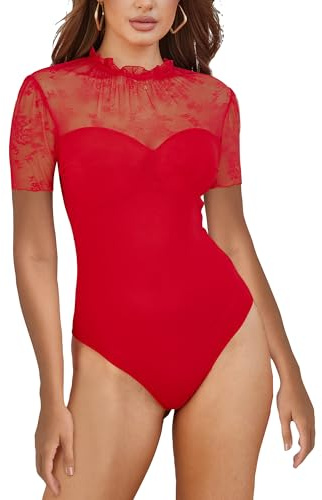 SEBOWEL Body de malla sexy para mujer con escote en V, manga larga, con puntilla, elegante y transparente, A-rojo., S
