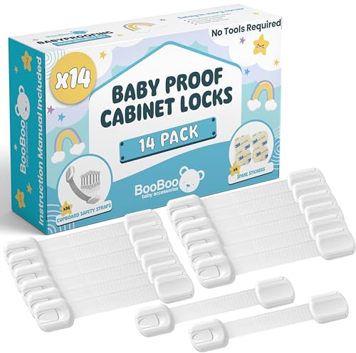 BooBoo Baby 14 Pack Premium Child Locks for Kitchen Cupboards | Child Proof Cabinet Locks, Drawer Locks Baby Proofing Cabinets with No Drilling, 3M Adhesive + 4 Extra Stickers