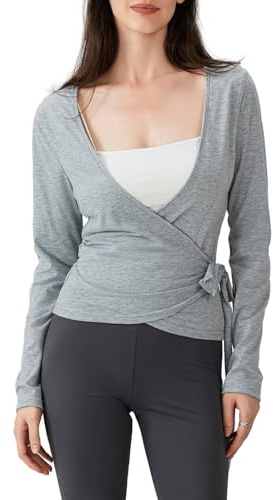 Amiblwova - Maglia avvolgente da donna, a maniche lunghe, per yoga, pilates, allenamento e danza, con laccetto da annodare, Grigio, L