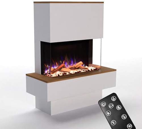 GLOW FIRE Kaminofen PR18 mit realistischem 3D E-Motion LED-Feuer - Stand-Elektrokamin mit Heizung und Kaminfeuer, Knistereffekt & Timer, max. 1500 W, 111,9x138,4x50cm, Weiß/Eiche