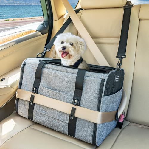 Petsfit Transportlåda för katter, hundbur, bil, katttransportbur för hund, vikbar bärväska med 2 patentspännen för bilstol, 4-sidigt nät och avtagbar kudde, L/grå