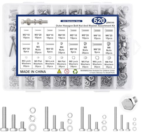 M3 M4 M5 M6 Sechskantschrauben Set 520 Stück, Edelstahl A2 Schrauben Set Mit Muttern Unterlegscheiben, Maschinenschrauben Gewindeschrauben Set Geeignet Für Reparaturen