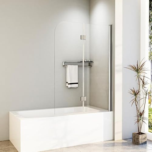 Duschwand für Badewanne 120x120cm 2-Teilig Faltbar Badewannenaufsatz, Duschabtrennung 180° Faltwand, Duschtrennwand aus 6mm ESG Sicherheitsglas, Badewannenfaltwand in Silber Alu