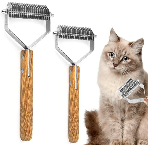 2 PCS Pet Undercoat Rake Professional Stripping Tools Dog Dematting Comb pet Grooming Tool Double Sided Teeth Undercoat Rake with Wooden Handle Reduce Shedding by 95% for Cat Dog