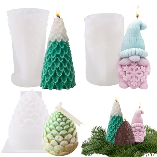 Fizdoqg Silicone Moulds Candle Mould Pack of 3 Christmas Candle Moulds for Pouring Silicone Mould Candle Mould with Christmas Tree Santa Claus Pine Cones for Candles DIY (A)