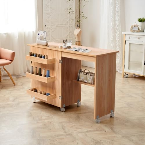 Warmiehomy Folding Sewing Machine Table with Storage Shelves and Wheels
