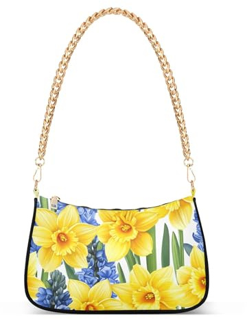 Sac à main Hobo à fermeture éclair avec jonquilles jaunes et jacinthes bleues - Sac à main moyen pour femme avec bandoulière en chaîne
