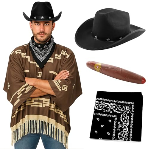 Cowboykostym för vuxna – mörkbrun poncho med tofslugg, svart stjärnprydd cowboyhatt, svart paisley bandana, falsk cigarr – herr vild väst bandit pistoler västerländsk maskeraddräkt