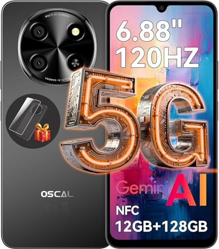 OSCAL Tiger 8 Telephone Portable 5G, 6.88'' HD+ 120Hz, Telephone Pas Cher Android 15, Unisoc T8100, 12Go+128Go/2To TF, 5000mAh/18W, 16MP+8MP, Smartphone 5G Dual SIM/NFC/OTG/Face ID/Fingerprint - Noir
