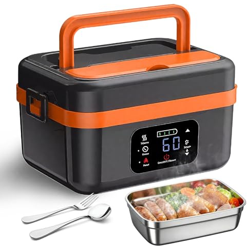 Gamelle Chauffante avec Batterie,Acier Inoxydable Electric Lunch Box 1L, Chauffeur de Nourriture, 6 Niveaux Température+8 Timers, Étanchéité Portable, Pour Travail/Voyage/Véhicule/Bureau (Noir)