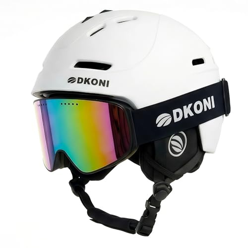 DKONI Ski Helmet with Goggles, Ski Helmet for Adults Snowboard Helmet Men Women Youth Certified Snow Sports Helmet for Skiing Snowboarding, White, M: 21.2″-22.5″ (54-58cm)
