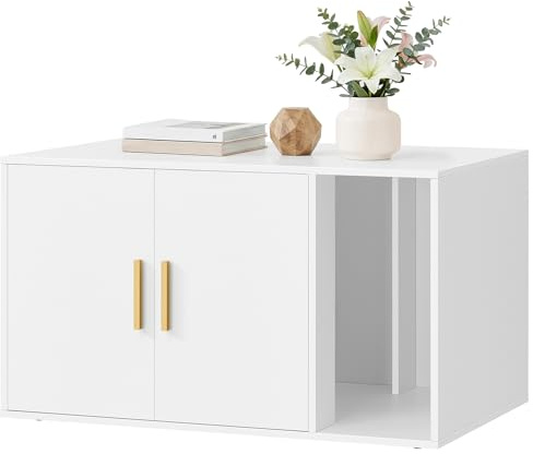 Feandrea Katzenklo-Schrank, Katzenhaus, Beistelltisch, 80 x 50 x 45 cm | Moderne Katzentoilette, Vordereingang, Doppeltüren mit Griffen, für Wohnzimmer, mattweiß, CUSTOS Kollektion PCL020WB02
