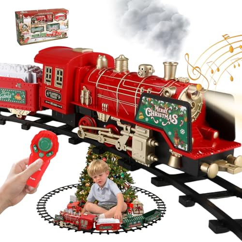 Tren de Navidad Eléctrico con Control Remoto, Humo, Luces, Sonidos y Marcha Bidireccional – Tren para Árbol de Navidad con Locomotora con 3 Vagones y 12 Vías – Juguete para Niños Desde 3-10 Años