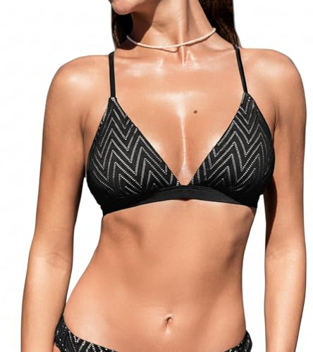 CUPSHE Top bikini da donna con scollo a V triangolo top incrociato posteriore auto-cravatta spalline sottili, Nero/a righe, M
