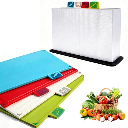 Juego 4 Tabla de Cortar Cocina Codificadas Color Con Almacenamiento Soporte y Pies Antideslizantes, Cutting Board Multicolores Sin BPA & Lavavajillas para Evite Contaminación Cruzada Alimentos
