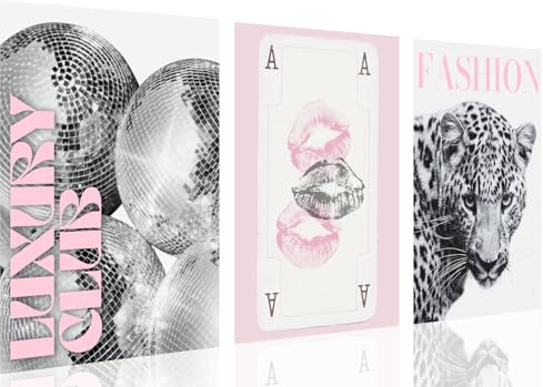 3 piezas de arte de pared de leopardo rosa sin marco, diseño de guepardo de lujo, bola de discoteca, beso, labios, cartas, revistas de moda, impresiones en lienzo, decoración estética para dormitorio