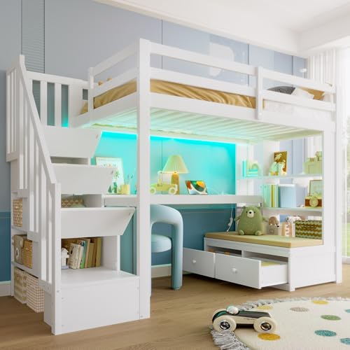 Etagenbett 90x200 mit LED & USB-Ladesteckdose, Kinderbett Hochbett mit Schreibtisch&Bücherregal&Stauraumtreppe&Schubladen, Kieferholz Funktionsbett Stockbett Spielbett Jugendbett, Ohne Matratze, Weiß