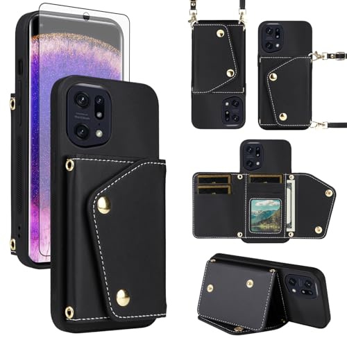 ELISORLI Wallet Case for OPPO Find X5 Pro with Screen Protector Slim Flip Purse Shoulder Strap, Luxury PU Leather Card Holder Stand Accessories Cell Phone Cover for FindX5Pro 5G Women Men Black