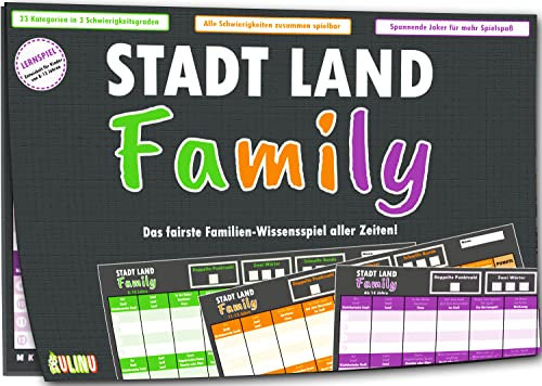 Gesellschaftsspiel - Stadt, Land, Family - Das fairste Familienspiel Aller Zeiten - Fluss Lernspiel für Kinder ab 8 Jahren - Geschenk-Idee - 3X Spieleblöcke - 100% Made in Germany