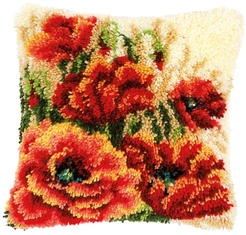 VERVACO Knüpfkissen Set Deko Kissenbezug Knüpfset für Anfänger MOHNBLUMEN Basteln Erwachsene Kreativ DIY Handarbeit Kissen zum Selber Knüpfe 40 x 40 cm Latch Hook Kit Knüpfhaken Set Kissen