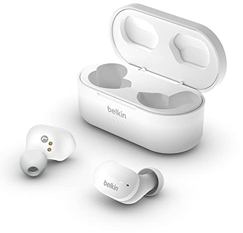 Belkin SoundForm True Wireless Earbud Headphones (Bluetooth Earphones for iPhone, Samsung, Google, Touch Control, Portable Charging Case, 24 Hours Playtime, Noise Isolation, Sweatproof) - White